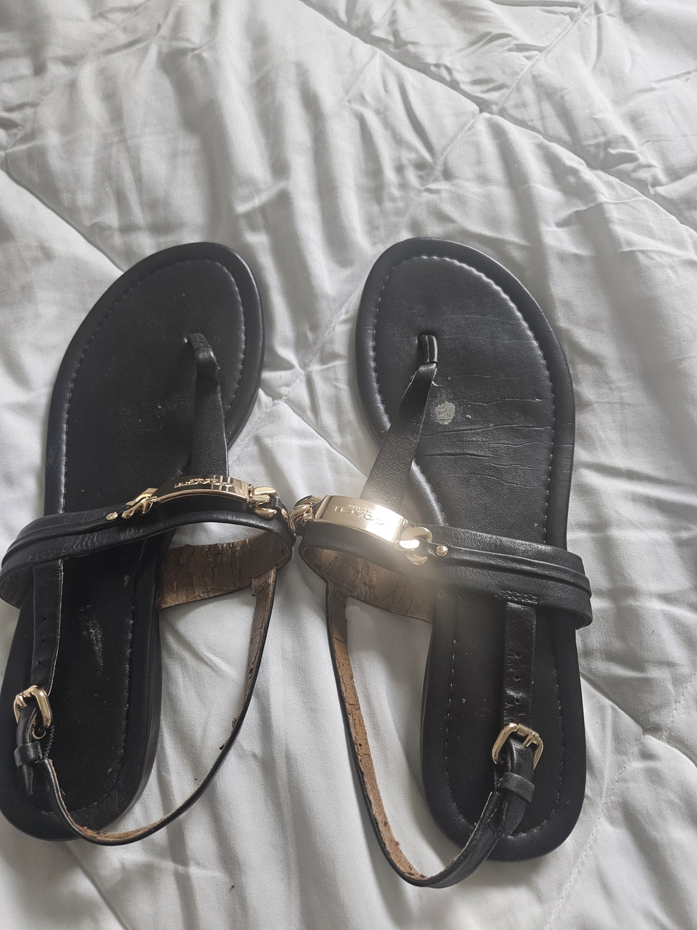 Coach Black Leather T-Strap Sandals with Gold Hardware